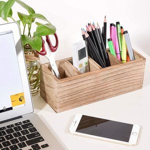 Wood Pencil Pen Holder for Desk, Multi-Use Desktop Stationery Supplies Organizer